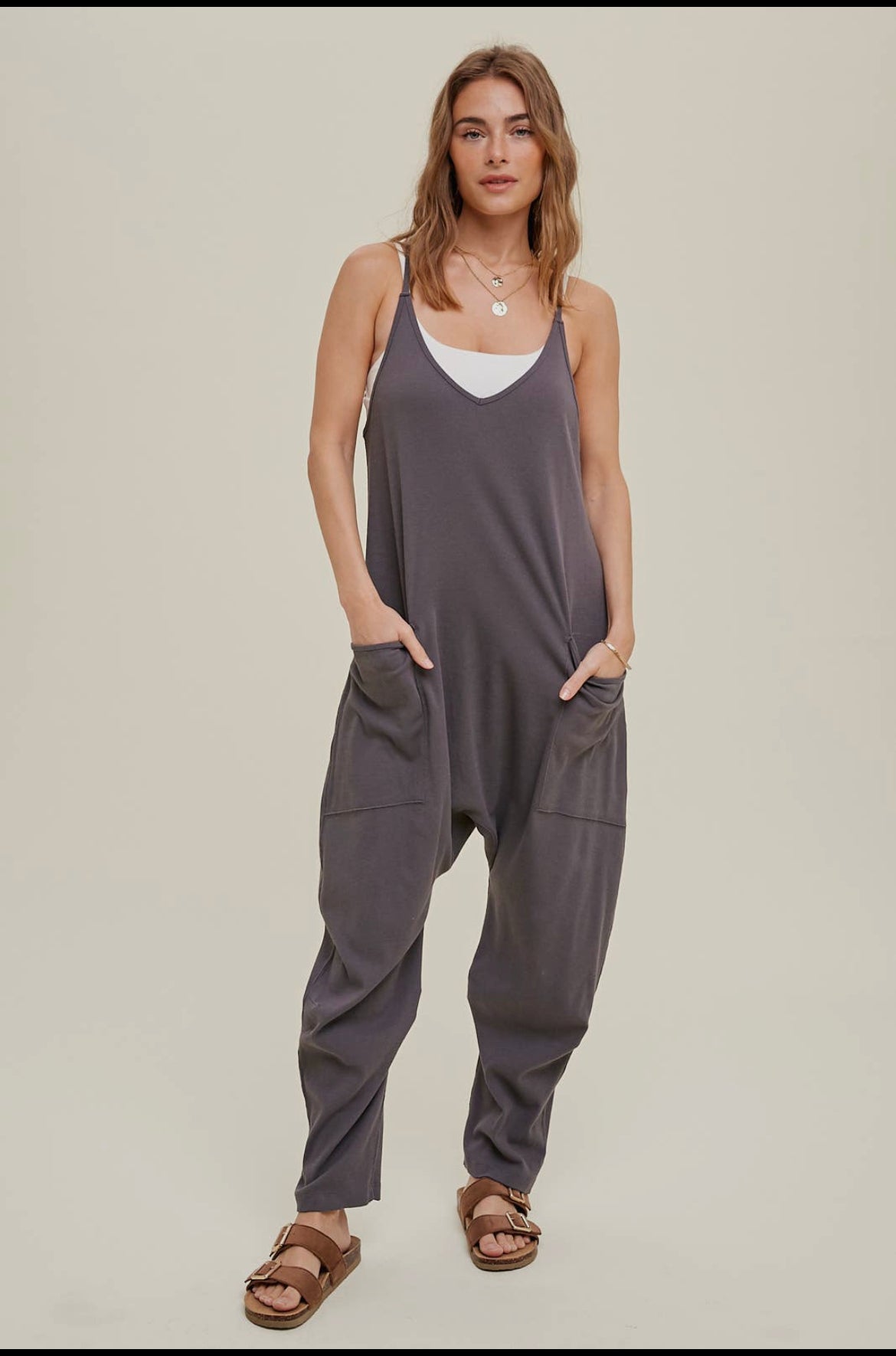 Ribbed Knit Jumpsuit with pockets- charcoal - Blue Sky Clothing & Lingerie