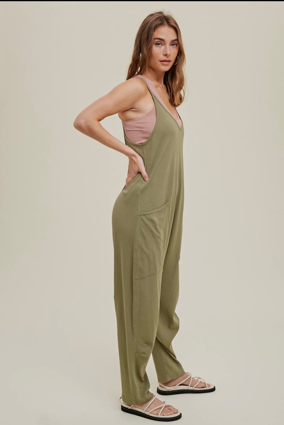 Ribbed knit jumpsuit with pockets - olive - Blue Sky Clothing & Lingerie