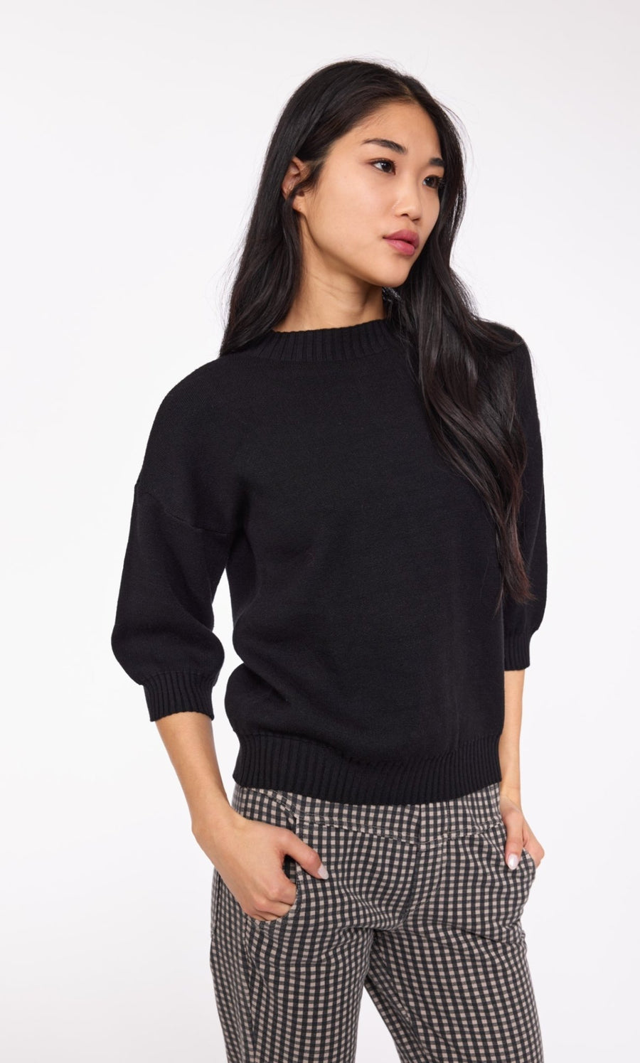 Short sleeve rib trim sweater - black - Blue Sky Clothing & Lingerie