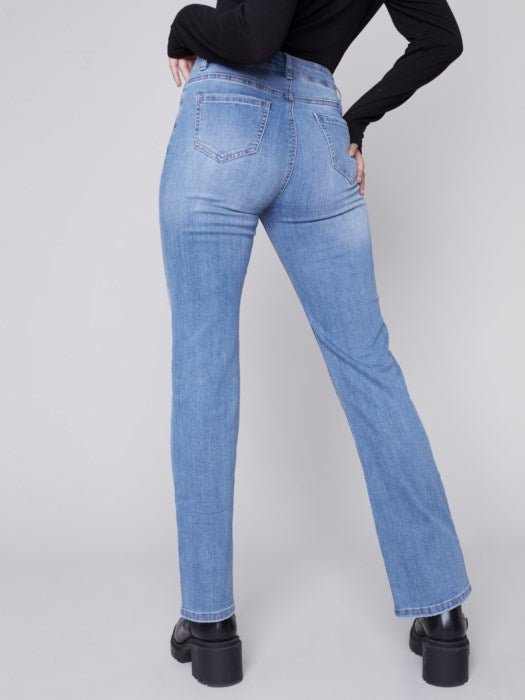 Straight Leg Jeans with Trompe L’Oeil Patch Detail - Medium Blue - Blue Sky Clothing & Lingerie