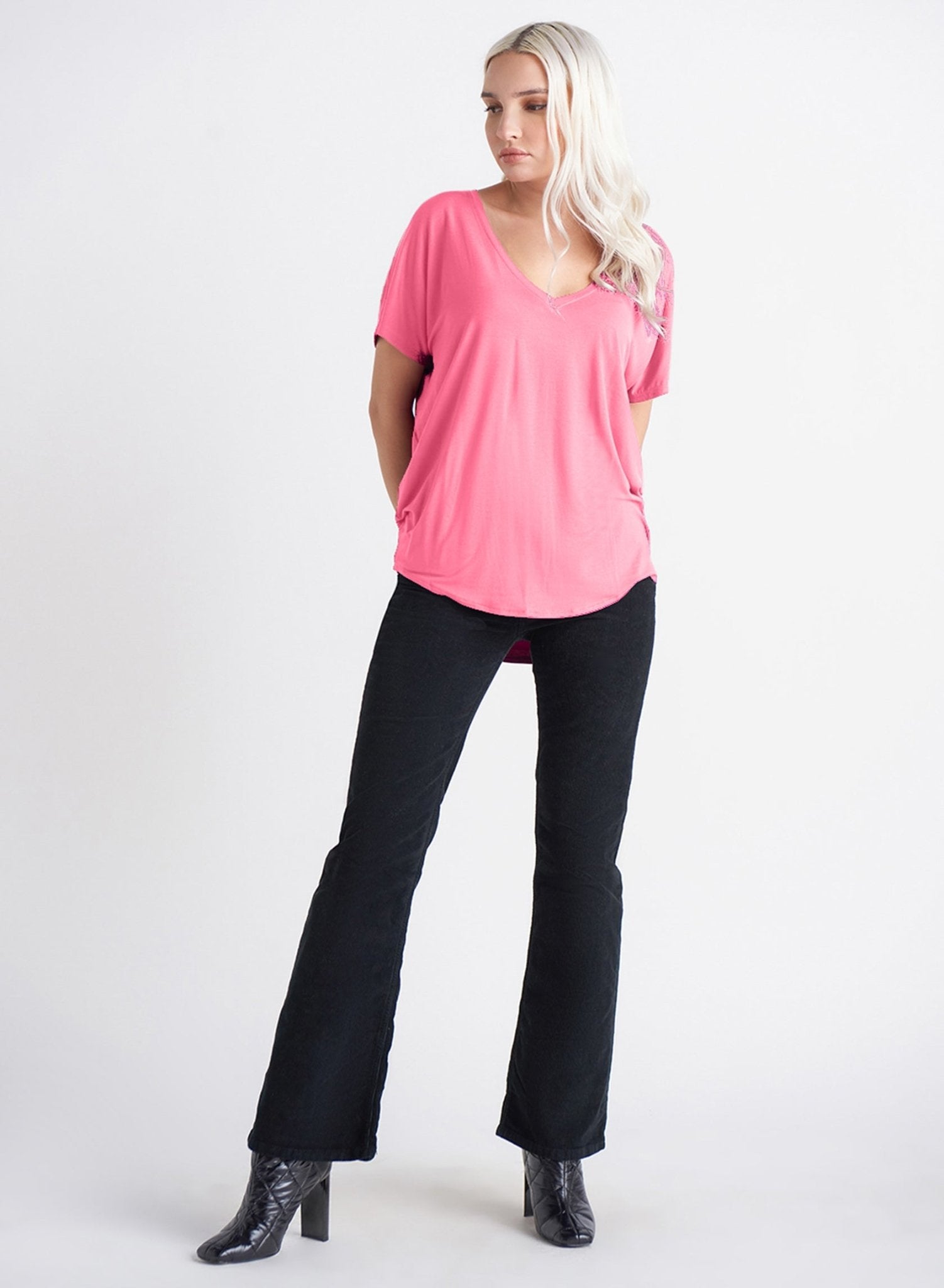 V Neck Knit Tee - Hot Pink - Blue Sky Clothing & Lingerie